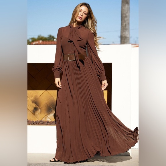 603. HIGH END Bow Tie Long Sleeve Belted Pleated Maxi Dress in Brown - Picture 3 of 5